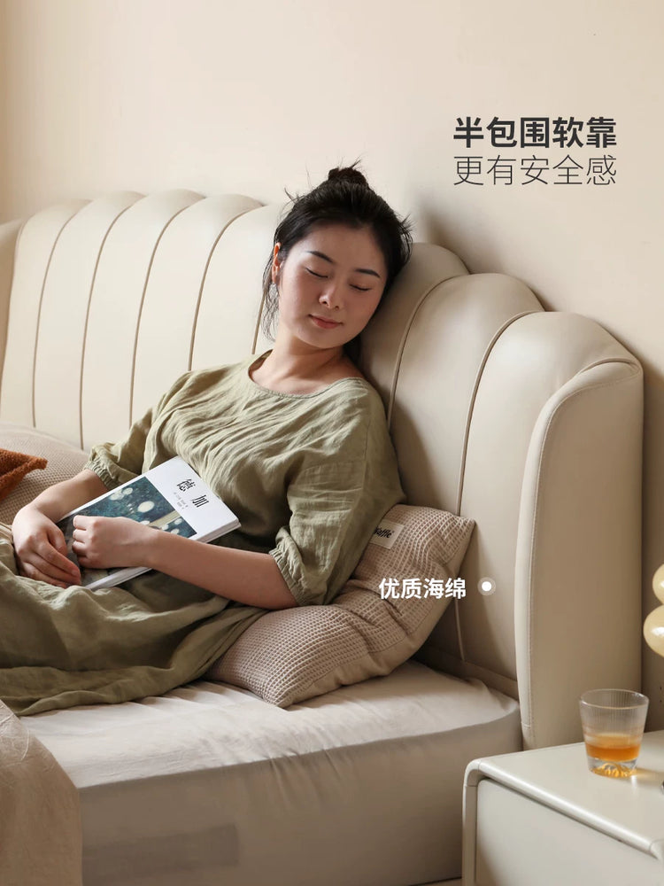 皮艺床法式奶油风卧室大床头层牛皮双人床悬浮真皮贝壳床
