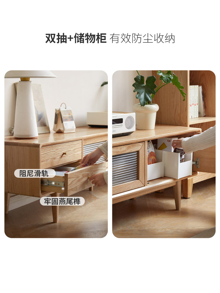 实木电视柜客厅玻璃移门储物柜现代简约橡木收纳地柜