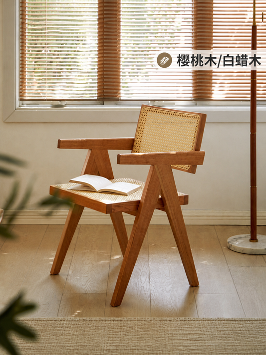 侘寂风实木餐椅书房靠背椅子阳台昌迪加尔藤编扶手椅