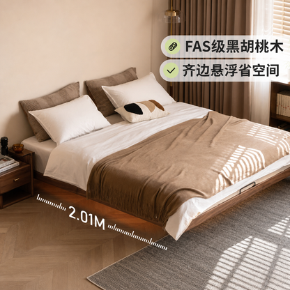 实木床卧室小户型无床头榻榻米简约悬浮床黑胡桃木双人床