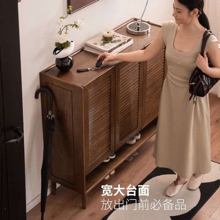 实木鞋柜客厅现代简约橡木胡桃色收纳柜入户大容量玄关柜