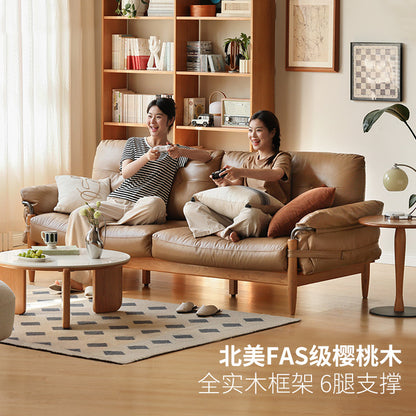 源也三人位樱桃木真皮沙发实木沙发