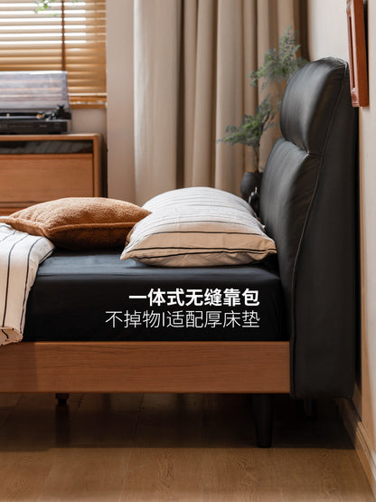 实木床中古樱桃木黑色双人床轻奢真皮软包悬浮床卧室家具