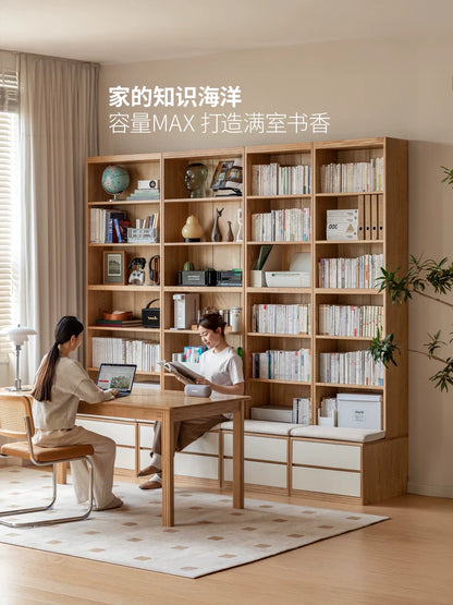 实木书房奶油风卡座橡木置物柜落地组合书柜