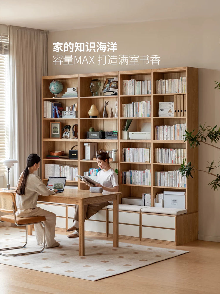实木书房奶油风卡座橡木置物柜落地组合书柜