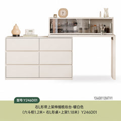 [15-Day Pre-order] Solid Wood Cream-Style Extendable Vanity Table for Bedroom, Minimalist White Dresser with Storage Drawers