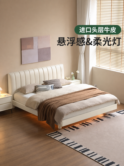 全实木床奶油风卧室橡胶木悬浮床科技布软包床白色夜光床