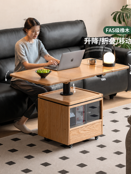 实木茶几现代简约升降客厅橡木折叠方几移动茶桌