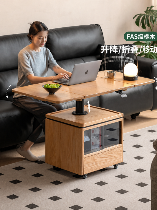 实木茶几现代简约升降客厅橡木折叠方几移动茶桌