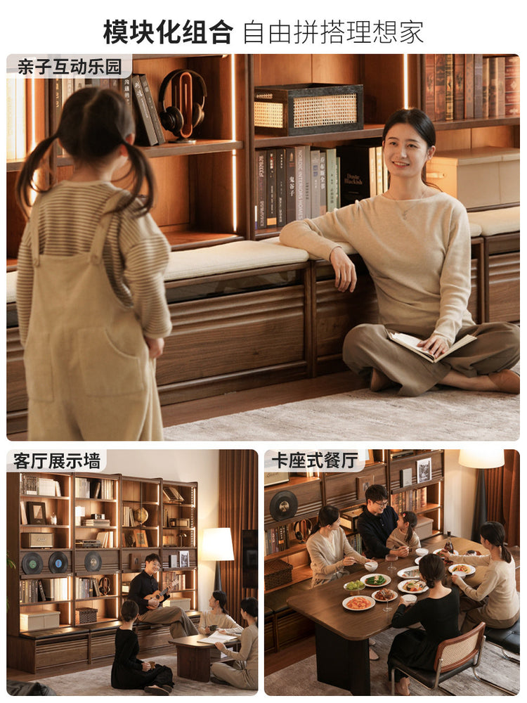 实木书柜储物柜一体整墙黑胡桃木落地展示柜书房置物柜