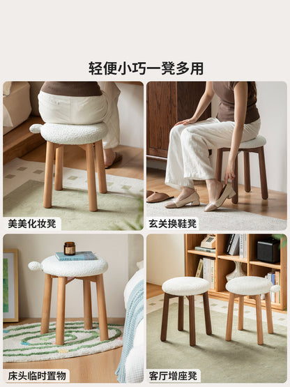 实木化妆凳北欧梳妆台凳子换鞋凳卧室仿羊羔绒圆凳