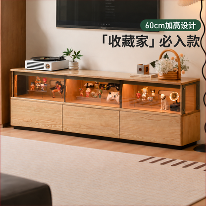实木加高双层电视柜客厅简约收纳柜落地橡木手办展示柜