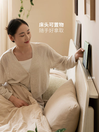 实木床卧室橡木奶油风双人床简约床头置物斜靠床白色大床