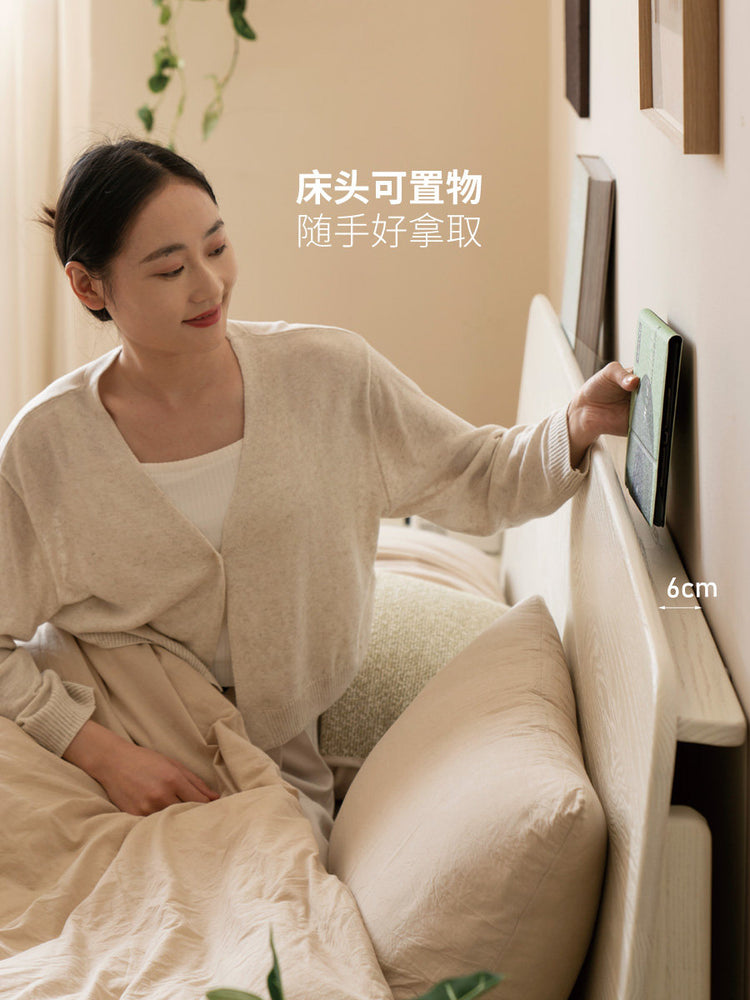 实木床卧室橡木奶油风双人床简约床头置物斜靠床白色大床