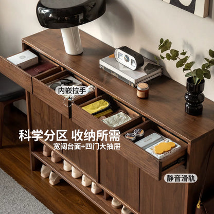 实木鞋柜客厅意式轻奢黑胡桃木置物柜门口入户玄关柜