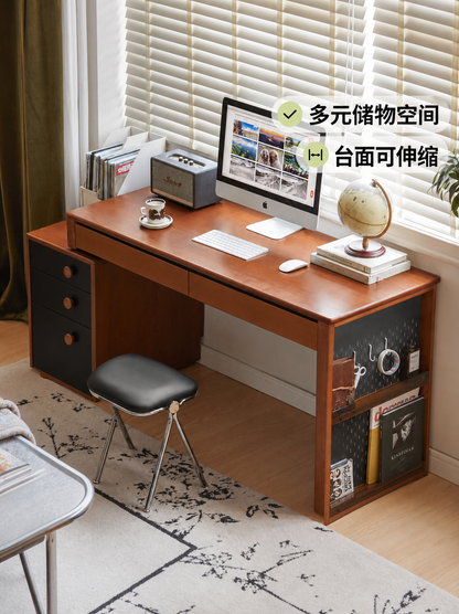 实木书桌小户型书房伸缩办公桌中古风电脑桌梳妆台