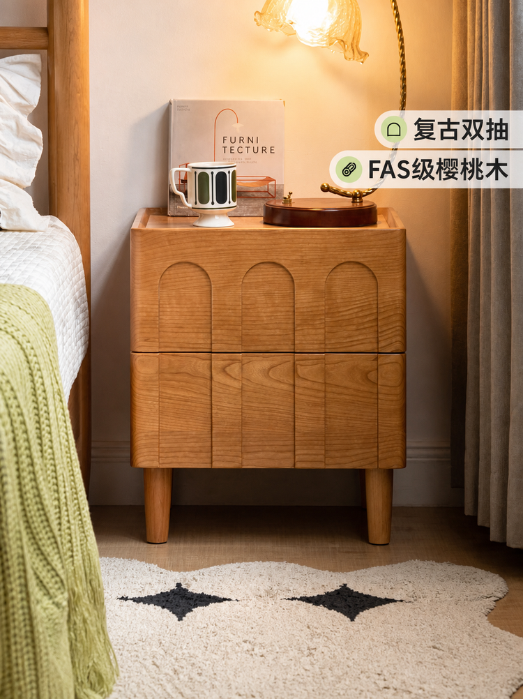 实木床头柜卧室法式复古床头抽屉柜樱桃木收纳储物柜