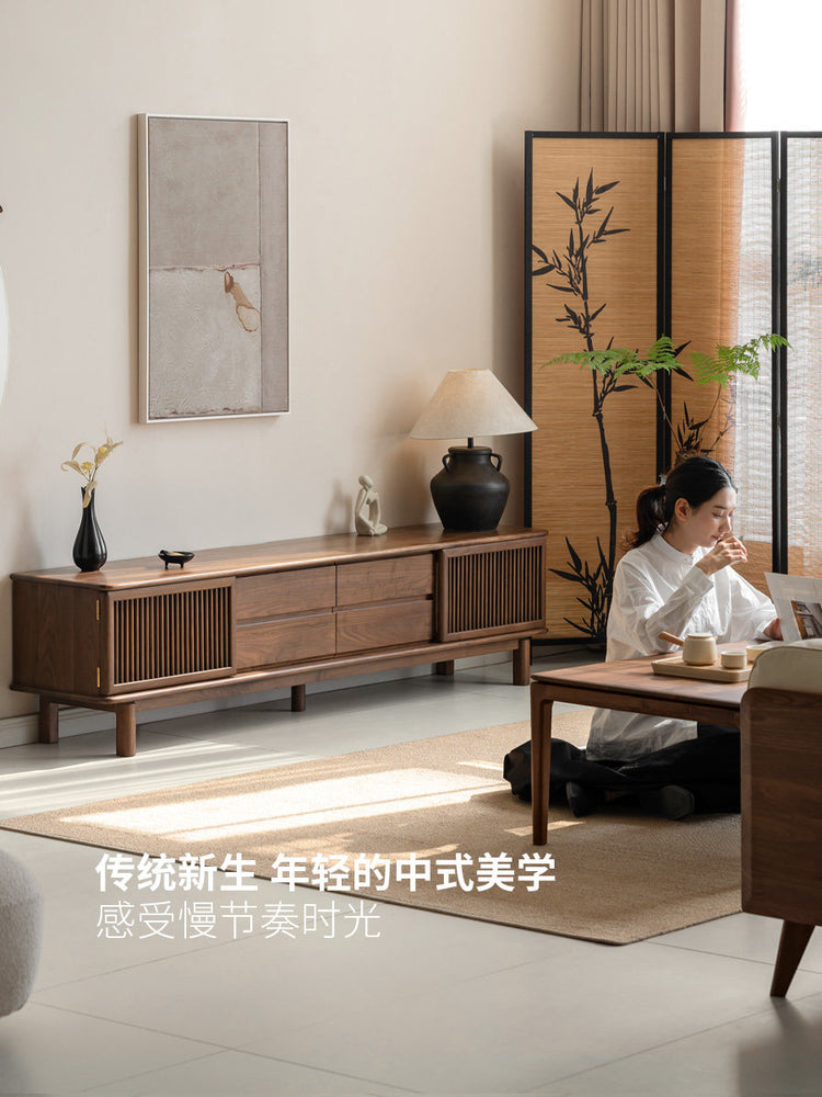 实木电视柜客厅宋式美学收纳储物柜黑胡桃木新中式地柜