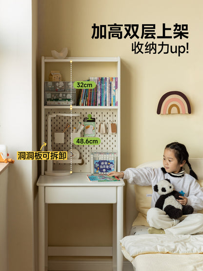 实木儿童学习桌白色奶油风书桌书架一体小学生写字桌