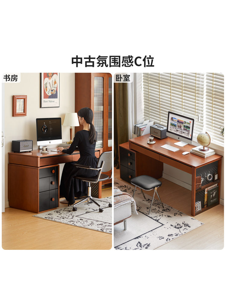 实木书桌小户型书房伸缩办公桌中古风电脑桌梳妆台