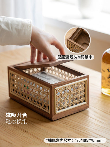 实木藤编纸巾盒新中式高颜值客厅餐厅复古黑胡桃木抽纸盒