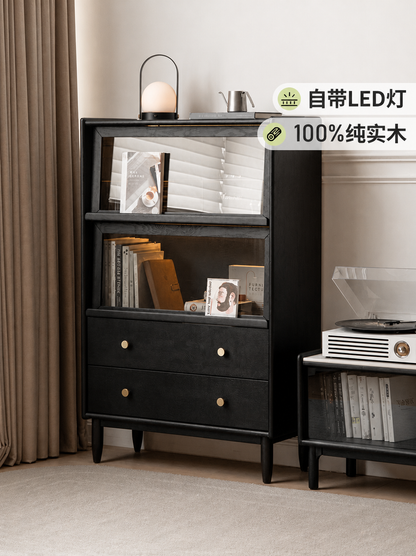 实木客厅展示柜电视立柜翻门储物柜沙发边柜黑色家具