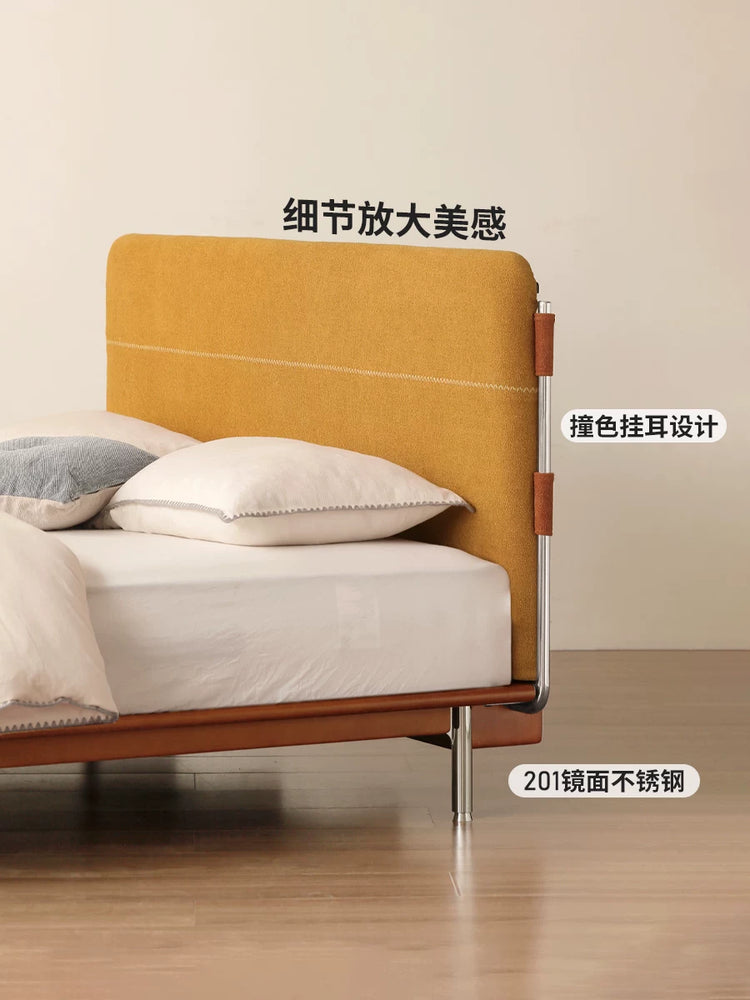 实木床卧室包豪斯柚木色布艺床软包靠背中古双人床