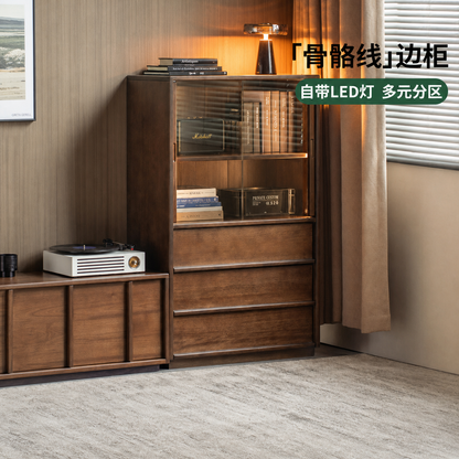 实木边柜客厅侘寂风落地展示柜胡桃色骨骼线电视柜立柜
