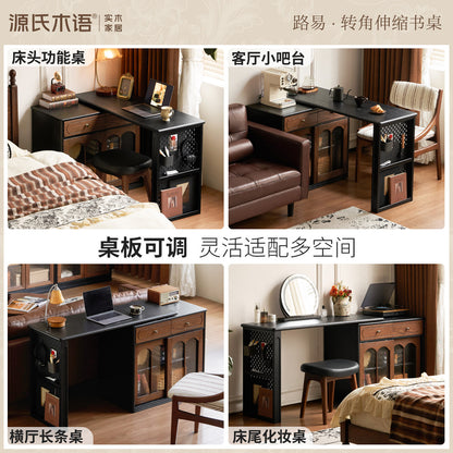 实木书桌法式复古黑色伸缩化妆桌书房橡木转角办公桌