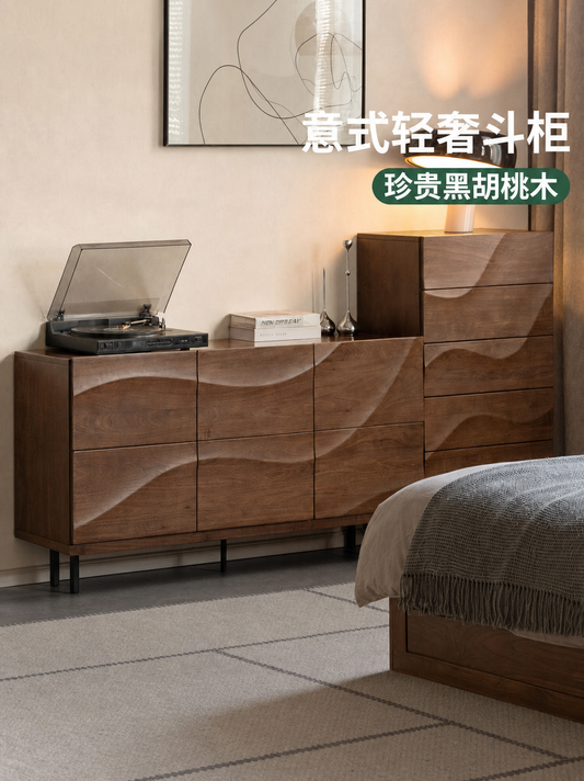 Solid wood chest of drawers, Italian light luxury black walnut wavy pentagonal cabinet, bedside storage cabinet, bedroom side cabinet