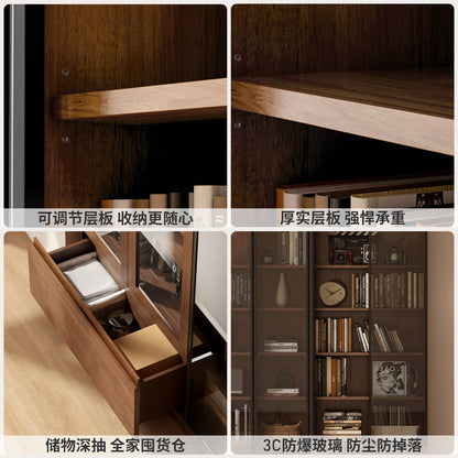 实木书柜胡桃色玻璃展示柜书房落地防尘柜靠墙储物柜