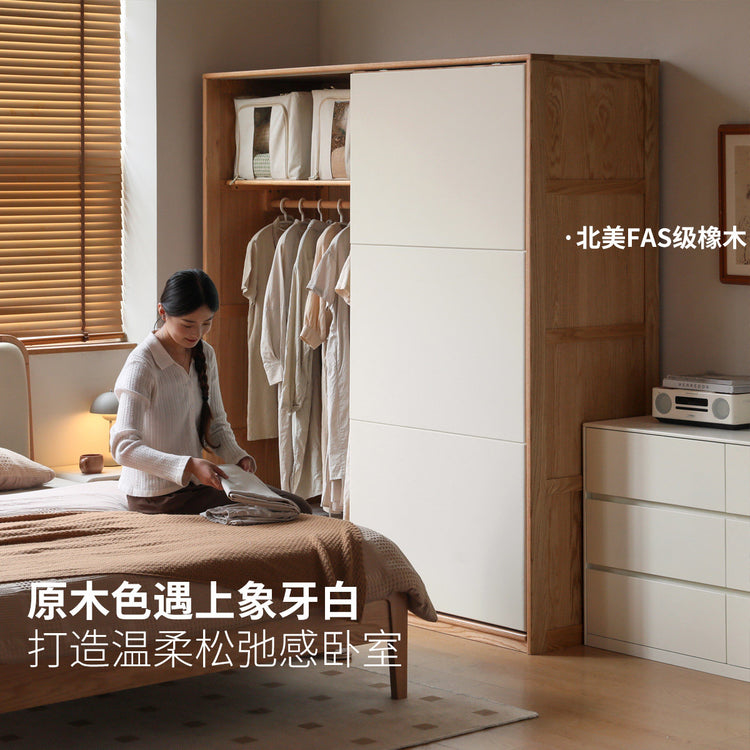 实木衣柜卧室白色衣橱现代简约橡木推拉门储物收纳柜
