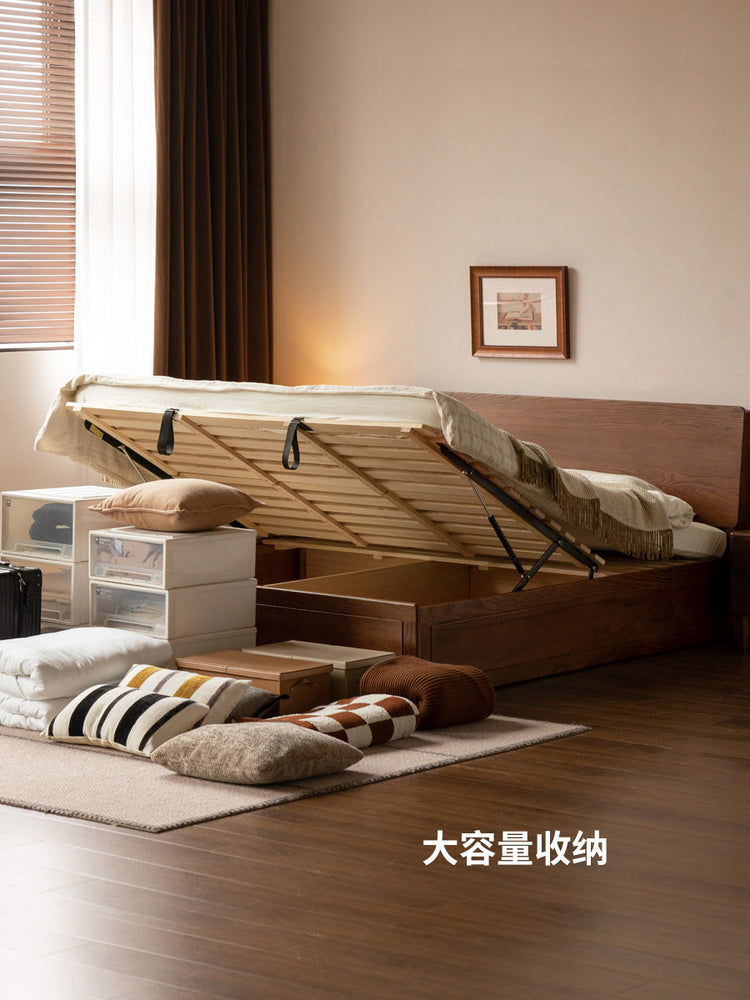 实木床现代简约大板床卧室橡木胡桃色双人床箱体床