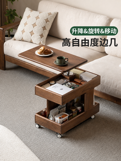 [20-Day Pre-order] Solid Wood Liftable and Rotatable Coffee Table, Black Walnut Side Table, Movable Small Trolley for Living Room