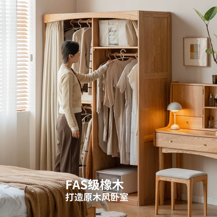 实木衣柜现代简约卧室白色衣橱布帘挂衣储物柜