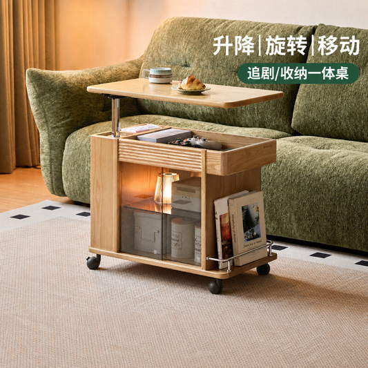 实木升边几客厅多功能收纳沙发边桌白蜡木小茶几移动推车