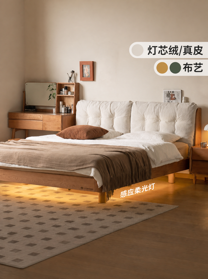 实木床樱桃木主卧双人床简约布艺软靠床悬浮夜光大床