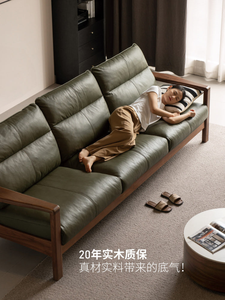纯实木客厅轻奢黑胡桃真皮沙发小户型三人位沙发