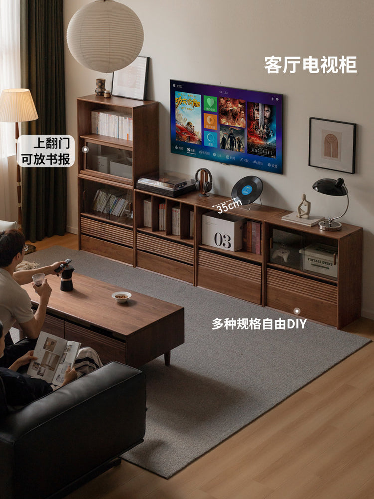 实木书柜书房轻奢风组合模块柜黑胡桃木矮柜收纳柜
