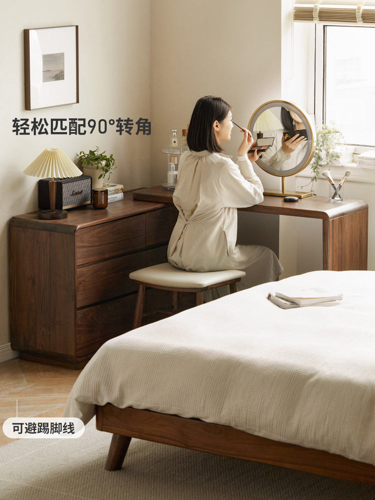 实木化妆桌黑胡桃木简约伸缩梳妆台斗柜一体卧室储物桌子