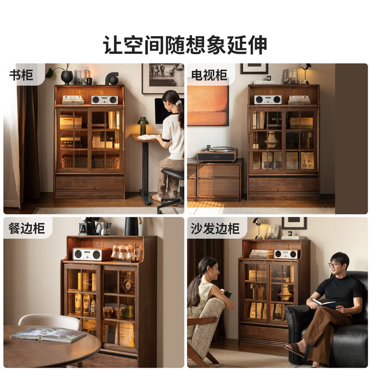实木书柜黑胡桃木储物柜书房带灯展示柜小户型收纳柜