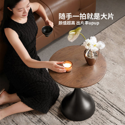 实木边几客厅意式轻奢沙发圆几黑胡桃小户型创意小茶几