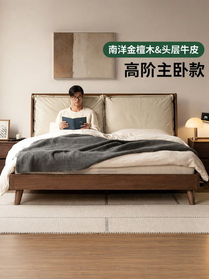 实木床轻奢双人床主卧互不打扰软靠床高端大气真皮床