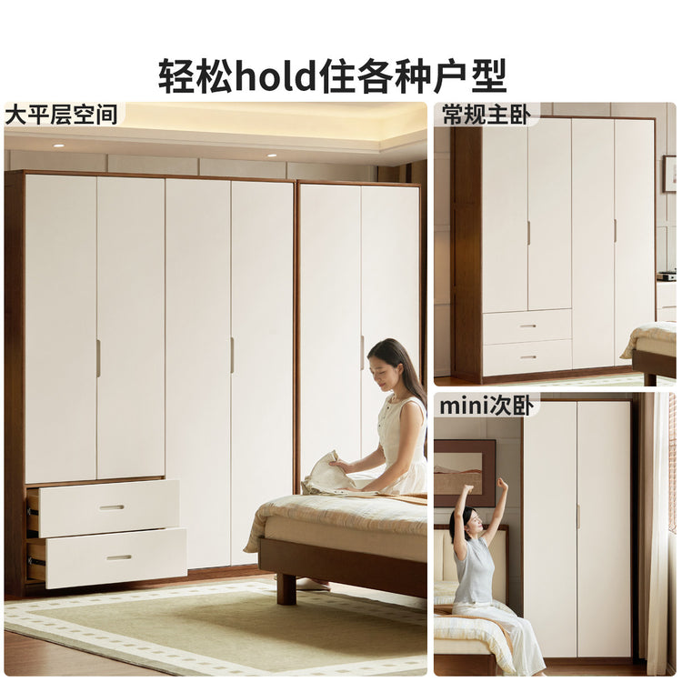实木衣柜中古奶油风橡木衣橱卧室胡桃色储物柜收纳柜