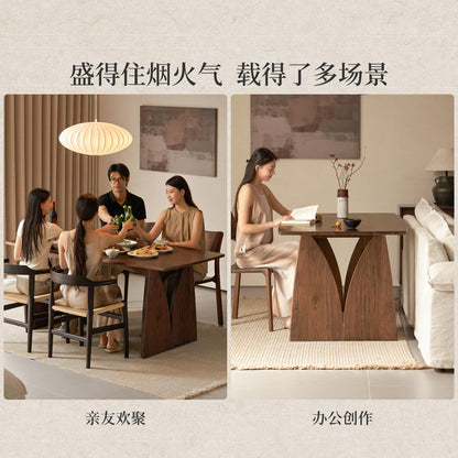 实木餐桌侘寂风长方形吃饭桌子餐厅黑胡桃木桌椅组合