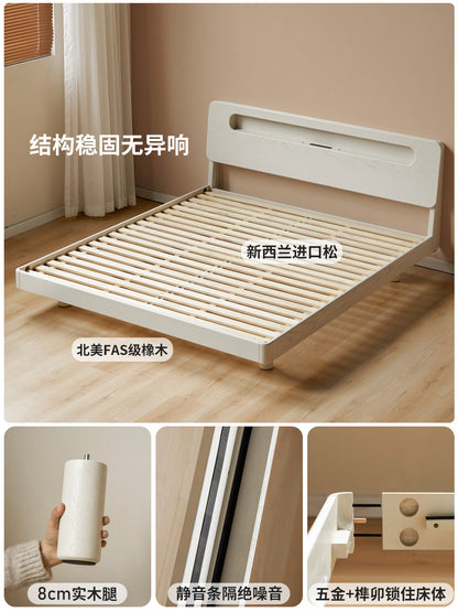 实木床双人床置物床橡木带插座悬浮床现代简约白色夜光床