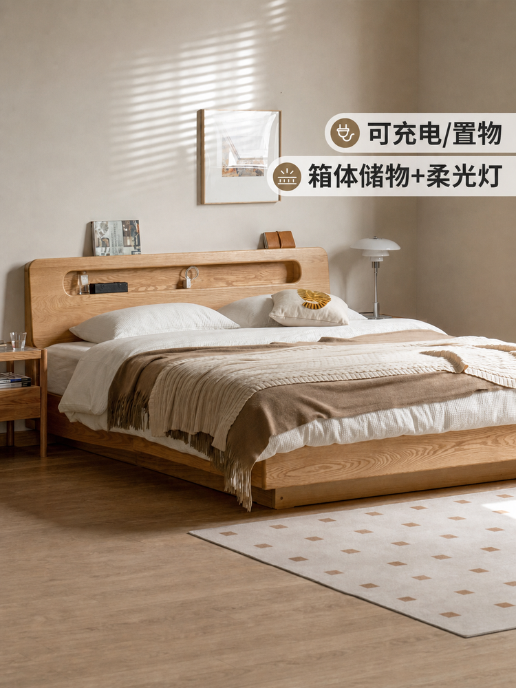 全实木床箱体床储物床卧室床头置物夜光床现代简约悬浮床