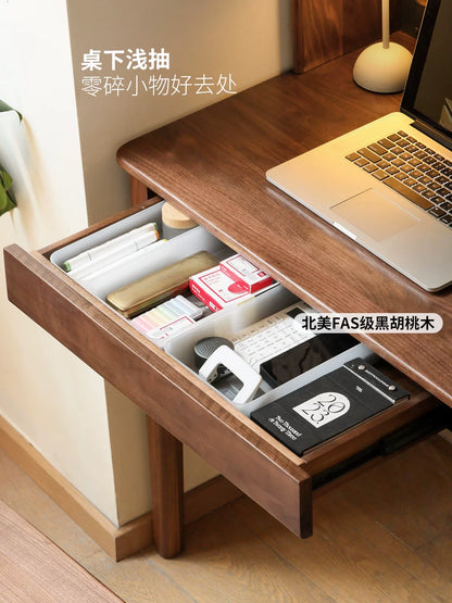 实木书桌书架一体简约靠墙窄桌书房办公桌黑胡桃木床边桌