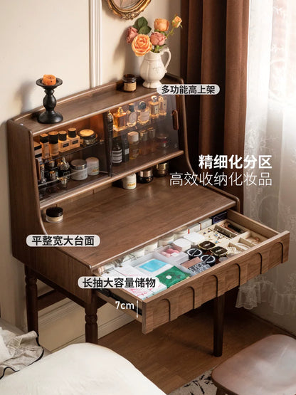 实木化妆桌法式复古多功能梳妆台卧室黑胡桃木化妆台