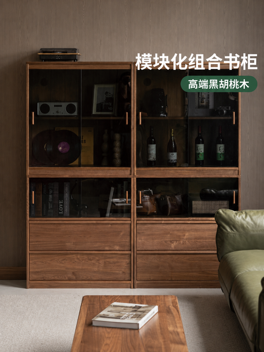 实木书柜黑胡桃木组合收纳柜书房轻奢风落地置物柜模块柜